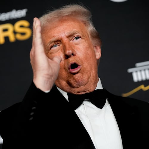 President Donald Trump speaks on the red carpet before the 48th Kennedy Center Honors, Sunday, Dec. 7, 2025, at the John F. Kennedy Center for the Performing Arts in Washington. (AP Photo/Julia Demaree Nikhinson)
