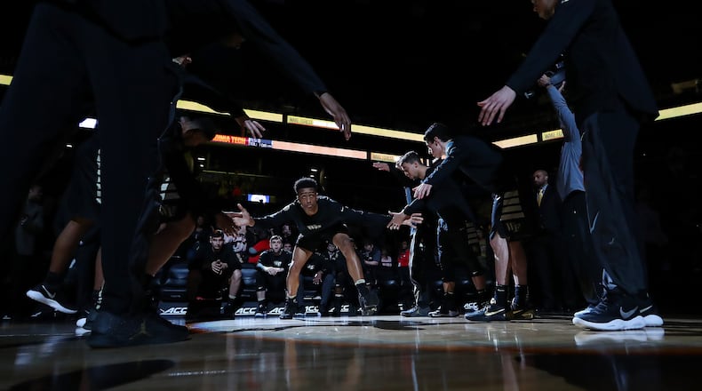 John Collins of the Wake Forest Demon Deacons is introduced against the Virginia Tech Hokies during the second round of the ACC Basketball Tournament at the Barclays Center on March 8, 2017 in New York City. (Photo by Al Bello/Getty Images)