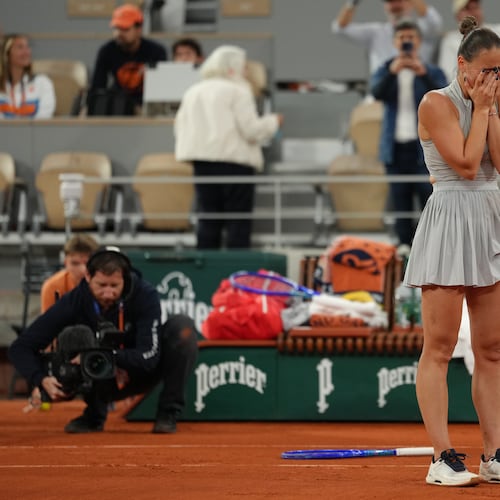 Ukraine's Marta Kostyuk reacts after winning the quarterfinal tennis match against Ukraine's Elina Svitolina at the French Open in Paris, Tuesday, June 2, 2026. (AP Photo/Aurelien Morissard)