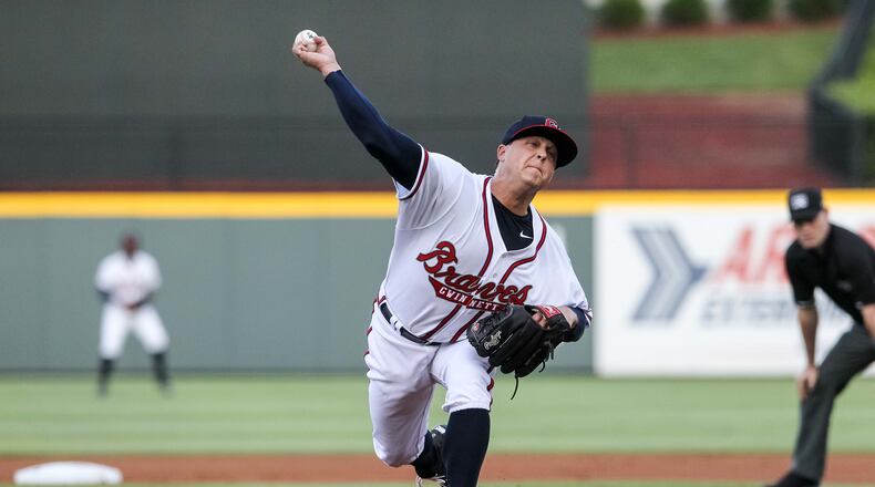 Kris Medlen delivers a pitch in his Gwinnett Braves debut at Coolray Field on June 9. Medlen threw 5 2/3 innings, allowing three runs. (Photo courtesy of Karl L. Moore/Gwinnett Braves)