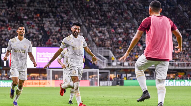 Atlanta United midfielder Marcelino Moreno celebrates after scoring a goal during the match against D.C. United at Audi Field in Washington, District of Columbia on Saturday August 21, 2021. (Photo by Jacob Gonzalez/Atlanta United)