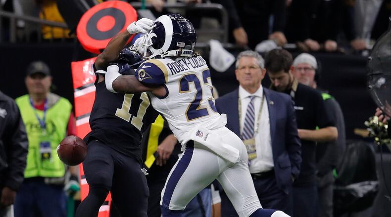 Los Angeles Rams cornerback Nickell Robey-Coleman hit New Orleans Saints wide receiver Tommylee Lewis before the pass arrived, but no pass interference was called.