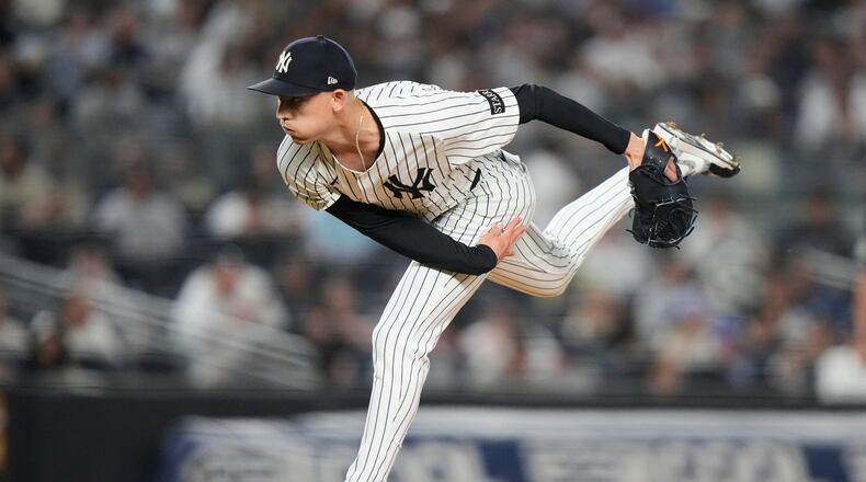 FILE - New York Yankees' Luke Weaver pitches during the seventh inning of a baseball game against the Minnesota Twins Monday, Aug. 11, 2025, in New York. (AP Photo/Frank Franklin II, File)