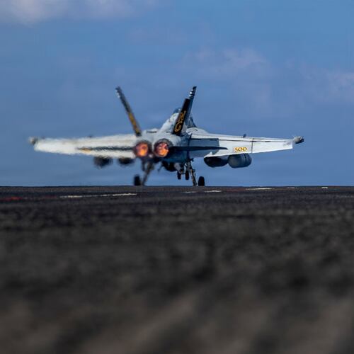 This handout image from the U.S. Navy shows an EA-18G Growler launching from the flight deck of the Nimitz-class aircraft carrier USS Abraham Lincoln in the Indian Ocean on Jan. 23, 2026. (Mass Communication Specialist Seaman Daniel Kimmelman/U.S. Navy via AP)