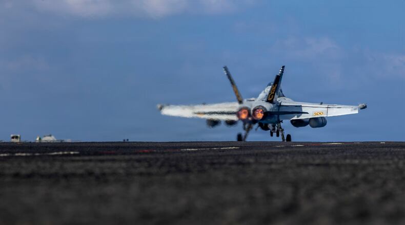 This handout image from the U.S. Navy shows an EA-18G Growler launching from the flight deck of the Nimitz-class aircraft carrier USS Abraham Lincoln in the Indian Ocean on Jan. 23, 2026. (Mass Communication Specialist Seaman Daniel Kimmelman/U.S. Navy via AP)