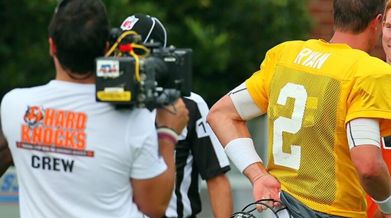 The "Hard Knocks" production crew followed the Bengals to Flowery Branch for the team's practice with the Falcons last summer. Now the Falcons are the focus of the HBO program. CURTIS COMPTON / CCOMPTON@AJC.COM