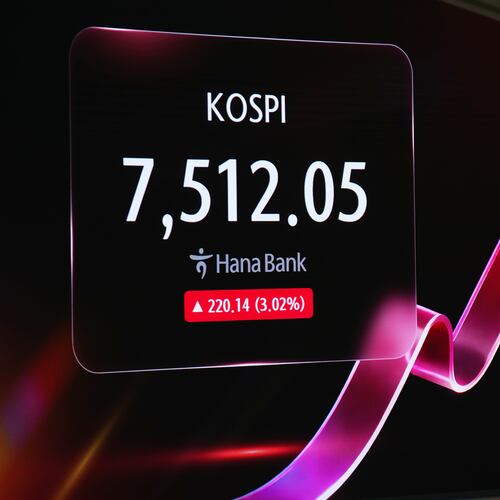 A member of media stands near the screen showing the Korea Composite Stock Price Index (KOSPI) at a dealing room of Hana Bank in Seoul, South Korea, Friday, July 10, 2026. (AP Photo/Lee Jin-man)