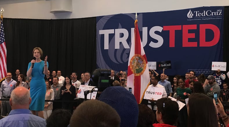 Carly Fiorina endorses Ted Cruz in Miami. Greg Bluestein/AJC photo