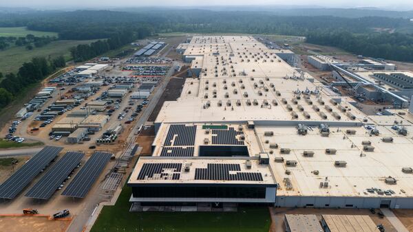 The Qcells solar panel plant is seen Friday, June 27, 2025, near Cartersville, Ga. (AP Photo/Mike Stewart)