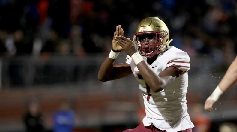 Brookwood linebacker Chris Bridges (7) celebrates his sack of Parkview quarterback Jordan Williams (not pictured) in the first half at Parkview High School Friday, October 25, 2019 in Lilburn, Ga. (JASON GETZ/SPECIAL TO THE AJC)