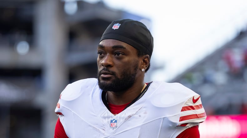 FILE - San Francisco 49ers wide receiver Brandon Aiyuk (11) walks of the field before an NFL football game against the Seattle Seahawks on Oct. 10, 2024 in Seattle. (AP Photo/Ben VanHouten, File)