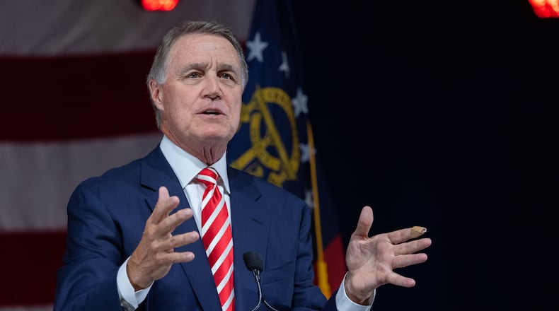 Former Senator David Perdue (R-GA) speaks at the Georgia GOP State Convention in Jekyll Island, Georgia on June 5th, 2021. Nathan Posner for the Atlanta-Journal-Constitution
