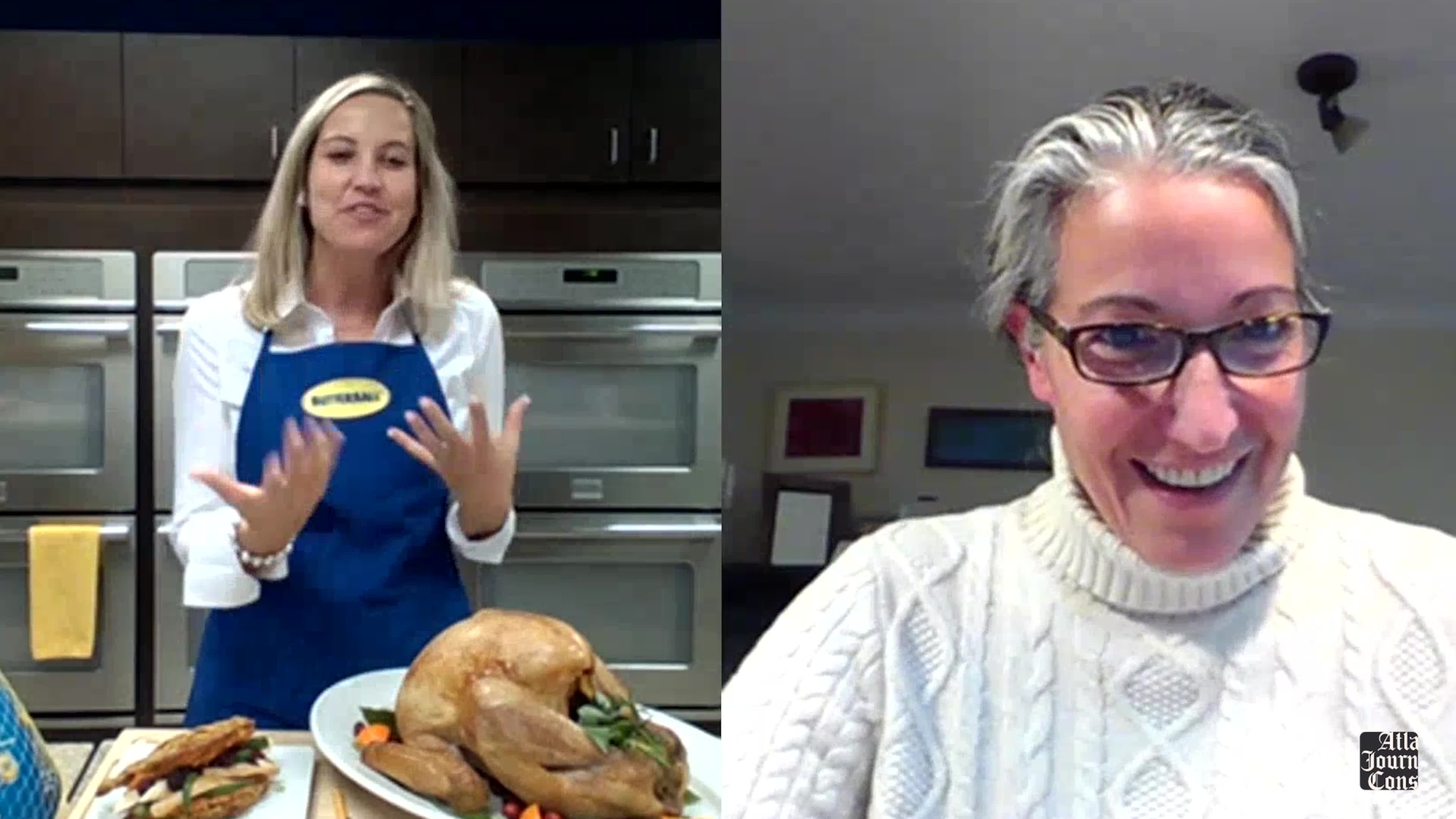 AJC food editor Ligaya Figueras talks with Butterball Turkey Talk-line Director Nicole Johnson. (AJC file)