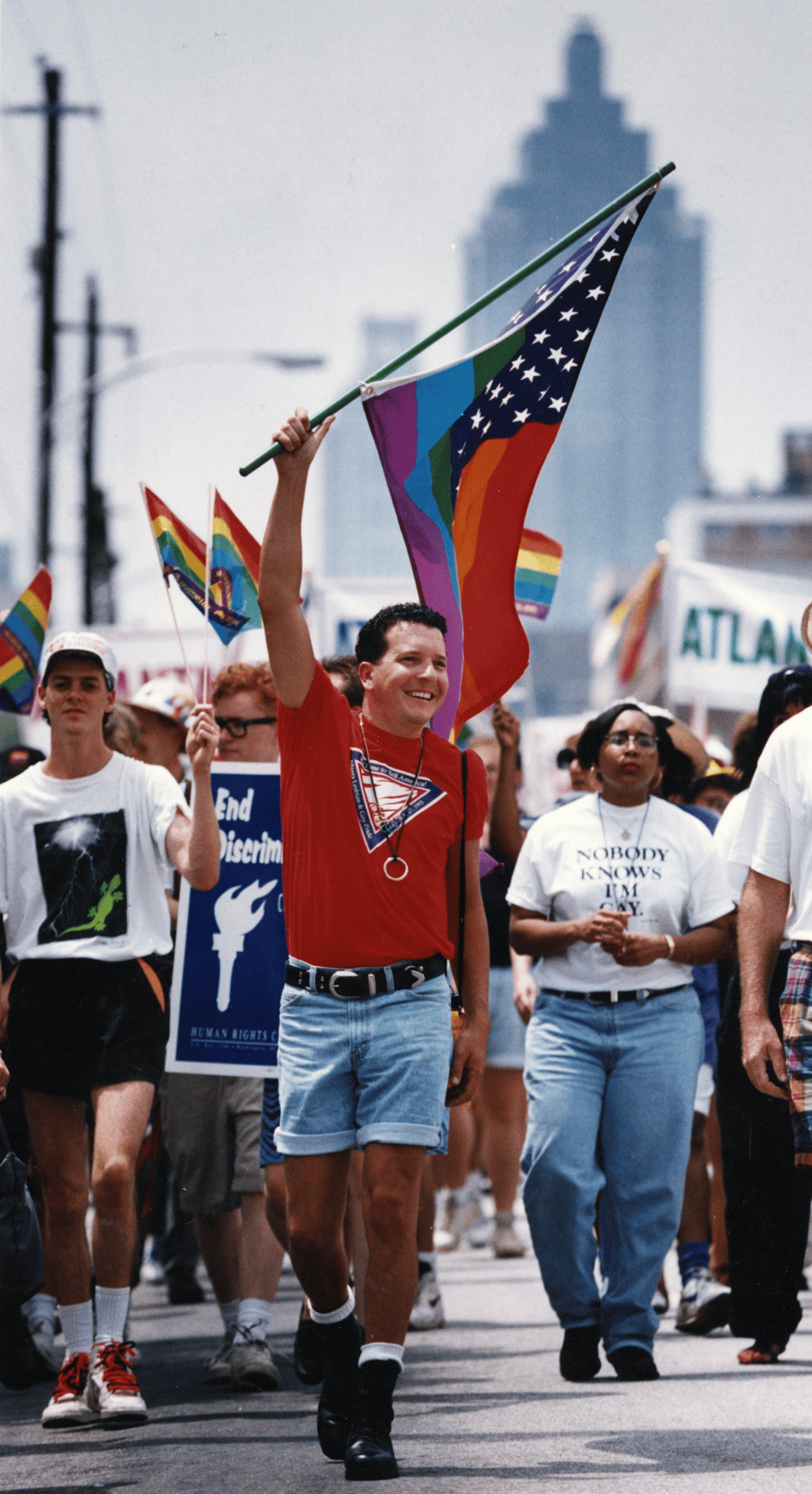 Jay Shoemake leading group of marchers in the annual Gay Pride celebrations and parade, Atlanta, Georgia, June 27, 1993.
( Atlanta Journal-Constitution Photographic Archives. Special Collections and Archives, Georgia State University Library.)