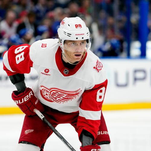 FILE - Detroit Red Wings right wing Patrick Kane (88) against the Tampa Bay Lightning during the third period of an NHL hockey game Monday, April 13, 2026, in Tampa, Fla. (AP Photo/Chris O'Meara,File)