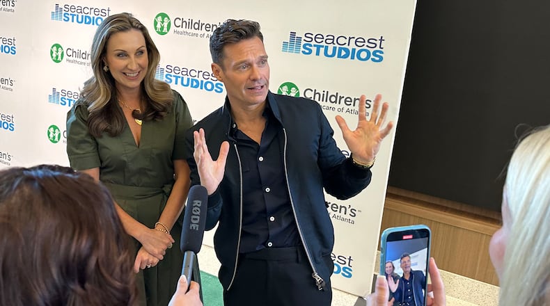 Meredith and Ryan Seacrest at the opening of Seacrest Studios, a special multimedia playground for the patients at Arthur M. Blank hospital for Children's Healthcare of Atlanta on Oct. 11, 2024. RODNEY HO/rho@ajc.com