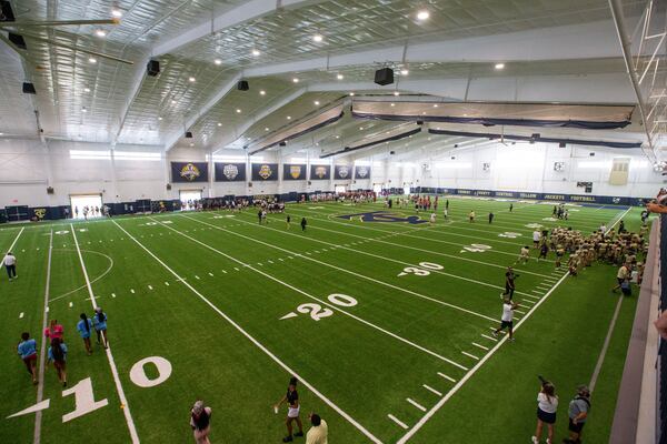 The turf practice field inside the Thomas County Central indoor athletic facility. (A. Wallace for the AJC)