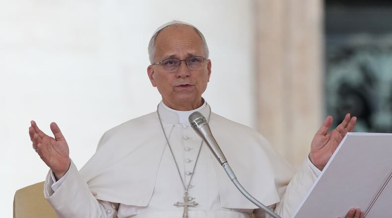 Pope Leo XIV holds his weekly general audience in St. Peter's Square at The Vatican, Wednesday, Sept.9, 2026. (AP Photo/Andrew Medichini)