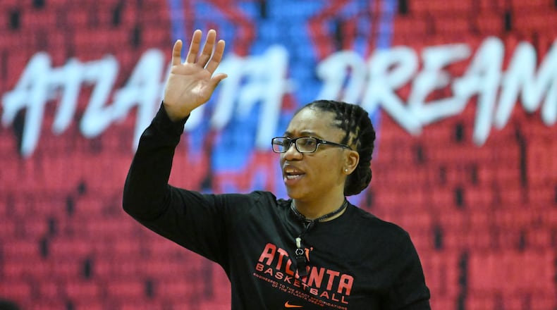 Atlanta Dream head coach Tanisha Wright instructs during Atlanta Dream training camp, Tuesday, May 2, 2023, in Chamblee. (Hyosub Shin / Hyosub.Shin@ajc.com)