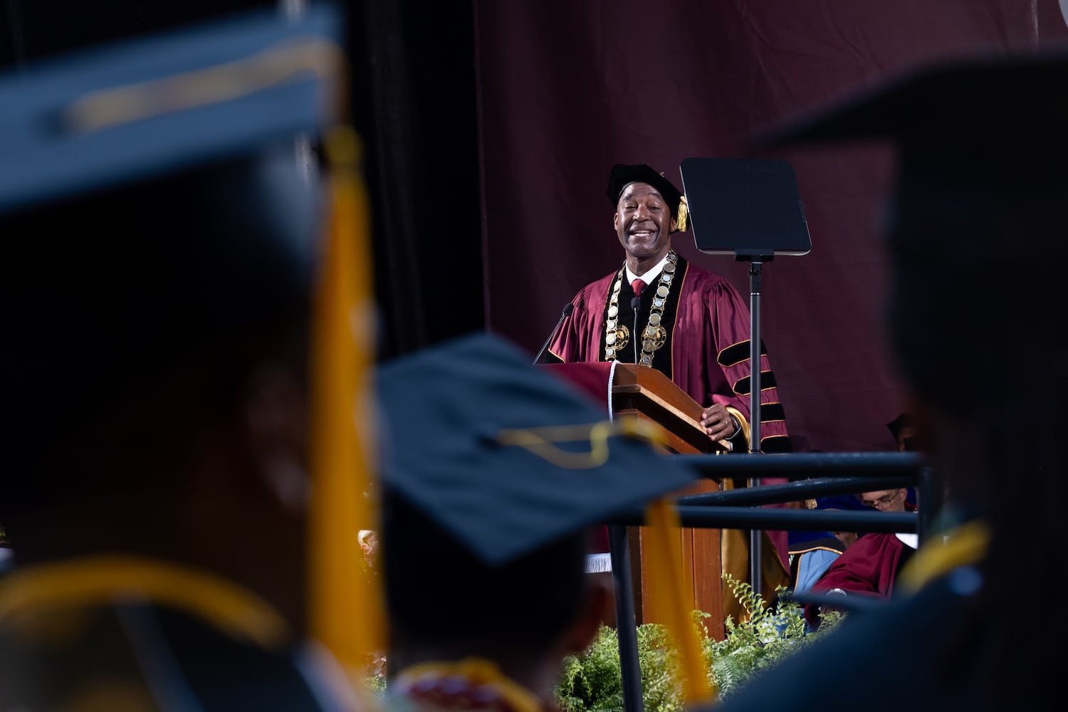 Morehouse College President F. DuBois Bowman give opening remarks during the Morehouse College graduation Sunday, May 17, 2026. (Ben Gray for the AJC)