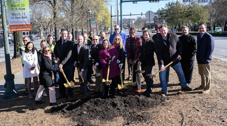 Dunwoody City Council members and staff, with representatives of the Perimeter Community Improvement Districts (CIDs), Perimeter Mall and Discover Dunwoody, gathered this month for the ceremonial groundbreaking of the estimated $1.5 million Phase 1 of the Ashford Dunwoody Path. (Courtesy of Paul Ward Photography)
