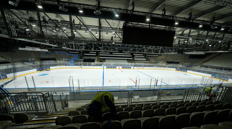 An overview of the Ice Skating Arena where some Ice Hockey matches of the Milan Cortina 2026 Winter Olympics will take place, in Rho, outskirt of Milan, Friday, Dec.5, 2025. (AP Photo/Luca Bruno)