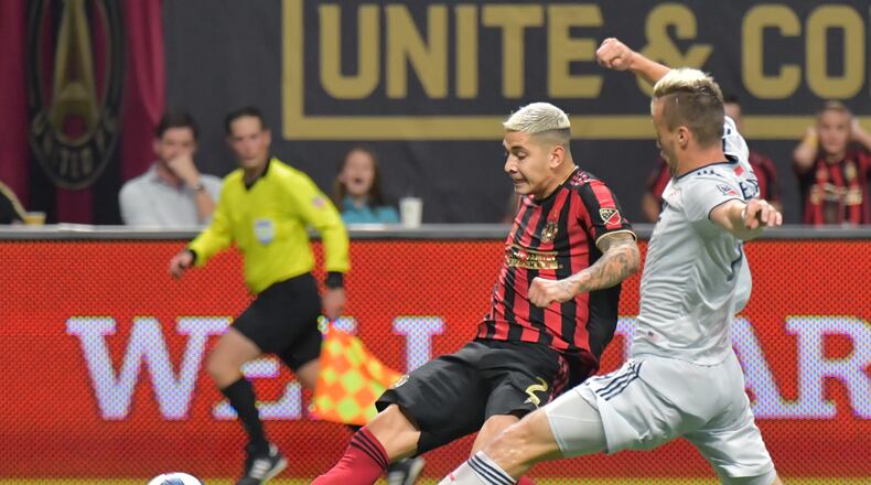 October 19, 2019 Atlanta - Atlanta United defender Franco Escobar (2) scores the game winning goal in the second half during the first round of the MLS playoffs at Mercedes-Benz Stadium on Saturday, October 19, 2019. Atlanta United won 1-0 over the New England Revolution. (Hyosub Shin / Hyosub.Shin@ajc.com)
