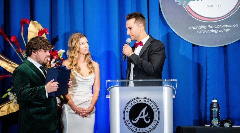 Braves first baseman Matt Olson speaks during Diamond Casino Night, hosted by ReClif Community, at the Delta Club in Truist Park on January 12, 2024 in Atlanta, Georgia. (Photo by Kevin D. Liles/Atlanta Braves/Getty Images)