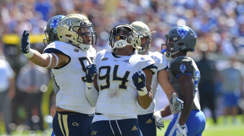 October 13, 2018 Atlanta - Georgia Tech defensive lineman Anree Saint-Amour (94) reacts in the first half at Bobby Dodd Stadium on October 13, 2018. HYOSUB SHIN / HSHIN@AJC.COM