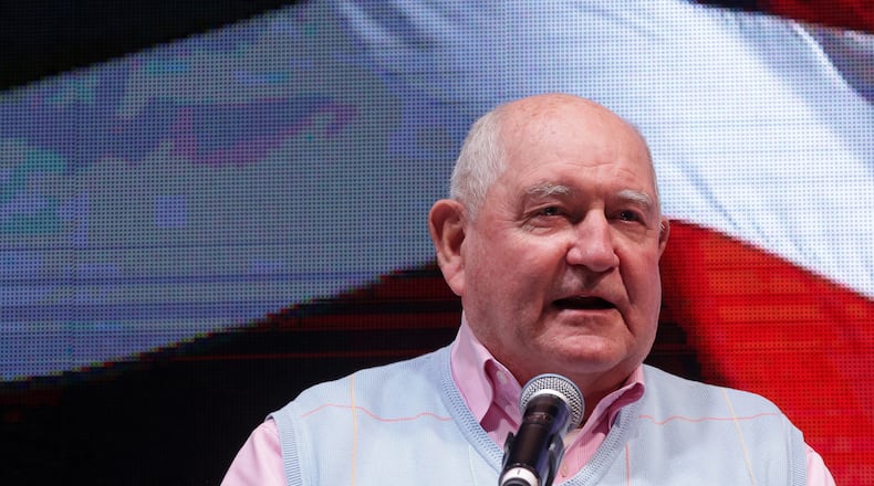 In this photo from Jan. 5, 2021, U.S. Secretary of Agriculture Sonny Perdue speaks during a run-off election night party at Grand Hyatt Hotel in Buckhead in Atlanta. (Alex Wong/Getty Images/TNS)