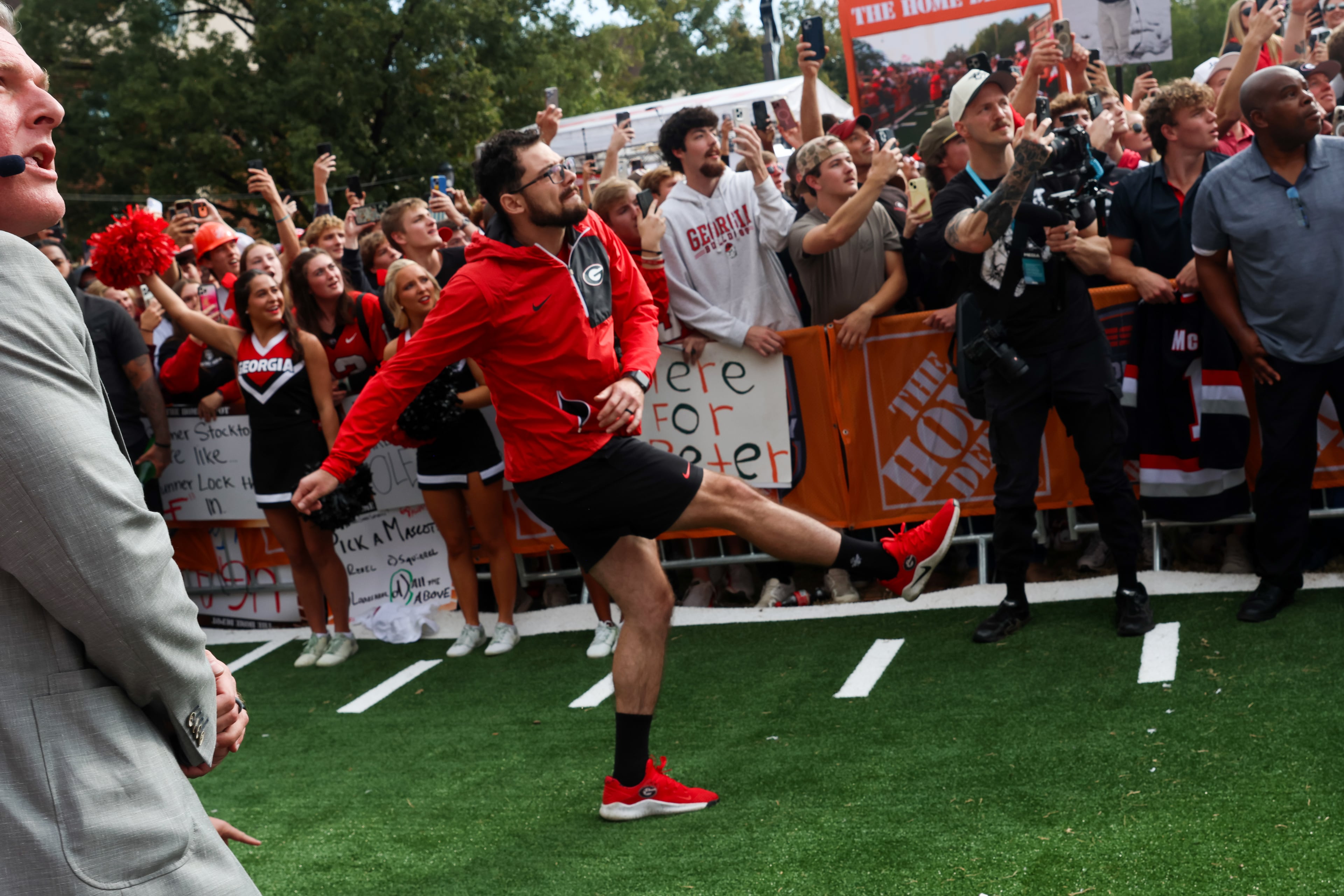 Former UGA kicker Rodrigo Blankenship kicks a field goal during Pat McAfee’s Kicking Contest on the ESPN College GameDay broadcast from Myers Quad at UGA on Saturday, Oct. 18, 2025. (C.J. Bartunek for the AJC)