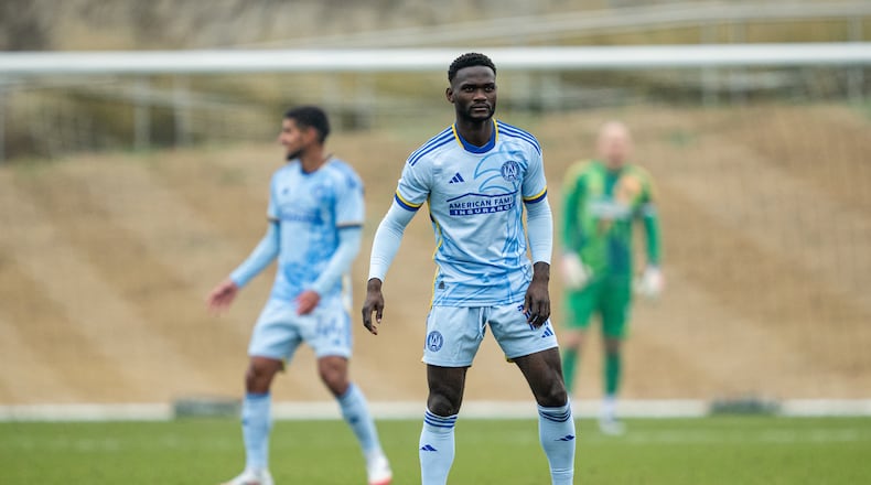 Atlanta United forward Emmanuel Latte Lath #19 during the match against FC Dallas at Children's Healthcare of Atlanta Training Ground in Marietta, Ga. on Saturday, February 15, 2025. (Photo by Mitch Martin/Atlanta United)