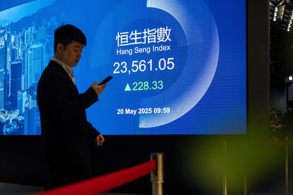 Hang Seng Index is displayed on the digital screen at the listing ceremony of Contemporary Amperex Technology Co. (CATL) in Hong Kong, Tuesday, May 20, 2025. (AP Photo/Chan Long Hei)