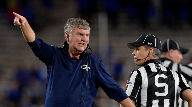 DURHAM, NC - NOVEMBER 18: Head coach Paul Johnson of the Georgia Tech Yellow Jackets argues with the officials during their game against the Duke Blue Devils at Wallace Wade Stadium on November 18, 2017 in Durham, North Carolina. Duke won 43-20. (Photo by Grant Halverson/Getty Images)