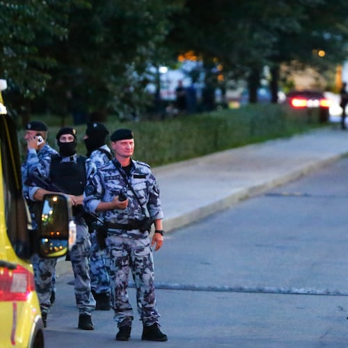 Police block an area near a deadly explosion at a restaurant in Moscow, Saturday, Aug. 1, 2026. (Sergei Vedyashkin/Moscow News Agency via AP)