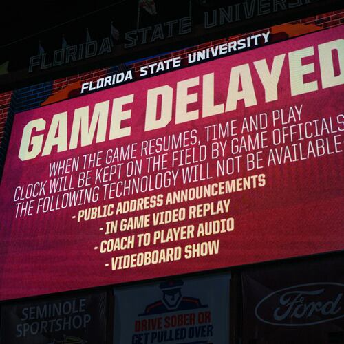 Florida State's scoreboard shows a delay message due to a blackout before an NCAA college football game against SMU, Monday, Sept. 7, 2026, in Tallahassee, Fla. (AP Photo/Noah Lantor)