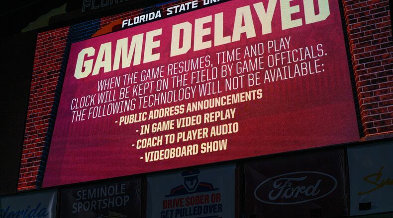 Florida State's scoreboard shows a delay message due to a blackout before an NCAA college football game against SMU, Monday, Sept. 7, 2026, in Tallahassee, Fla. (AP Photo/Noah Lantor)