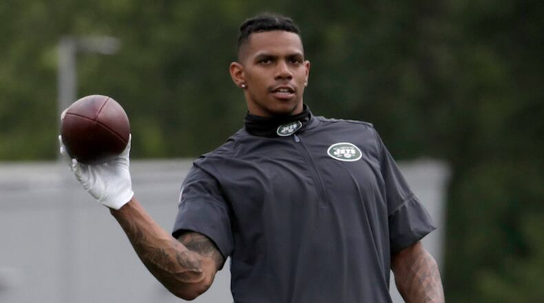New York Jets wide receiver Terrelle Pryor attends the team's NFL football organized training activities, Tuesday, June 5, 2018, in Florham Park, N.J. (AP Photo/Julio Cortez)