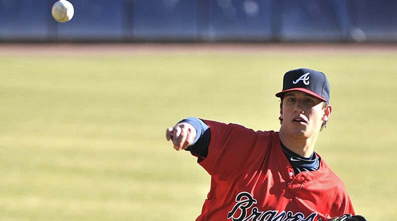 January 23, 2014 Atlanta - Atlanta Braves rookie pitcher and 2012 No. 1 pick Lucas Sims practices during the Braves Rookie Development Week at Turner Field in Atlanta on Thursday, January 23, 2014. The Atlanta Braves hosts 28 of the organization's prospects at the Braves Rookie Development Week, from January 21 to January 25. In addition to providing training, the program is intended to introduce the prospects to the Turner Field environment and to the Atlanta community. HYOSUB SHIN / HSHIN@AJC.COM