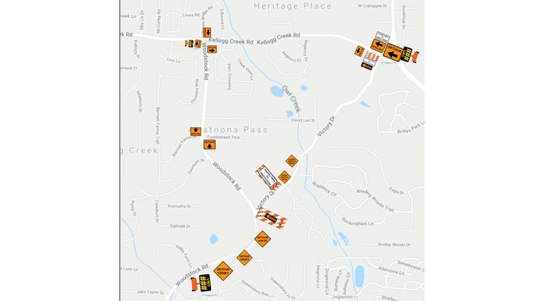 Map depicts the posted detour when Victory Drive west of Woodstock is closed to through traffic, Jan. 18-Feb. 19, for the construction of a roundabout at Woodstock Road.
