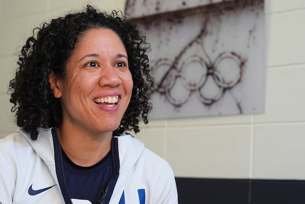 Head coach Kara Lawson talks after a USA Basketball women's Americup Trials practice at the USA Olympic Training Center Wednesday, June 18, 2025, in Colorado Springs, Colo. (AP Photo/David Zalubowski)