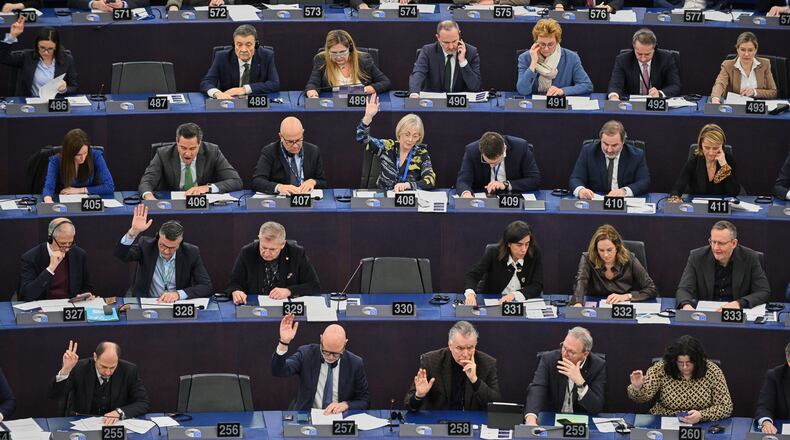 Lawmakers of the European Parliament vote to refer the signed trade deal with South American bloc Mercosur to the European top court, Wednesday, Jan. 21, 2026, in Strasbourg, France. (AP Photo/Pascal Bastien)