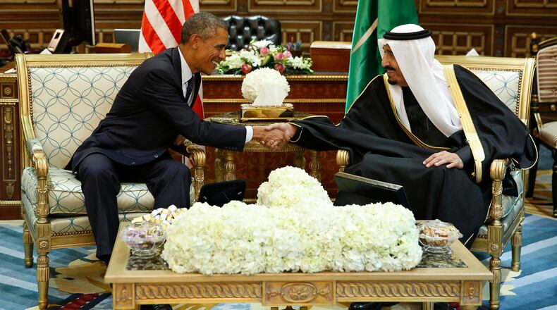 President Obama shakes hands with Saudi Arabia's King Salman, Riyadh, January 2015. The scene won't be repeated in Washington this week. (Reuters Photo/ Jim Bourg)