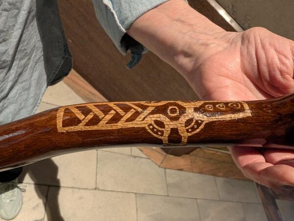 A closeup view of a shillelagh, a traditional Irish walking stick, carved by Savannah, Ga., resident Denise LeMay. The stick will be used at the 2026 Savannah St. Patrick’s Day Parade by Martin Hogan, the parade's grand marshal. (Jim Halley)
