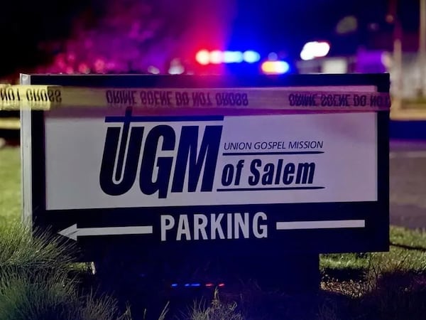 This image taken from video provided by KATU-TV shows an entrance to the Union Gospel Mission as police investigate a stabbing in Salem, Ore., June 1, 2025. (KATU-TV via AP)