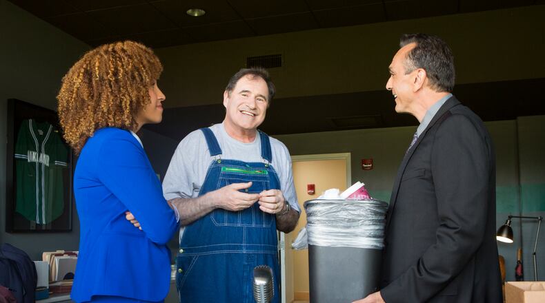 Richard Kind as Gus, Hank Azaria as Jim Brockmire, Tawny Newsome as Gabby Taylor - Brockmire _ Season 3, Episode 1 - Photo Credit: Kim Simms/IFC