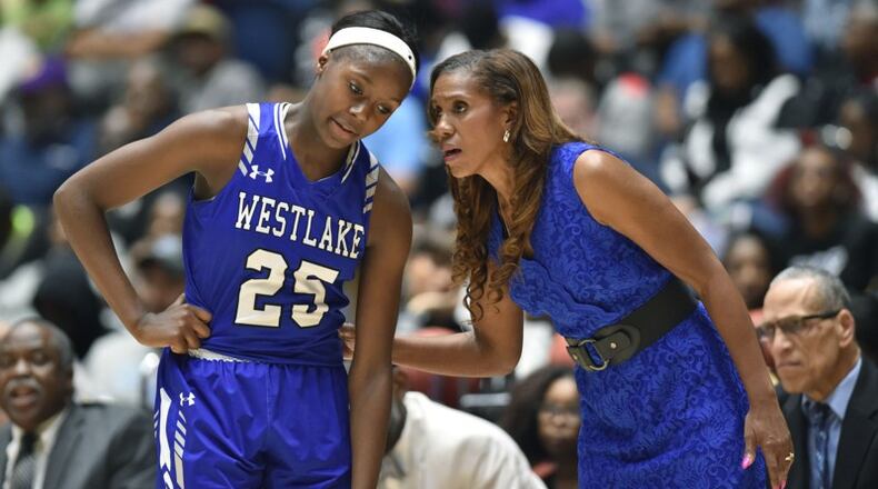 Westlake coach Hilda Hankerson had only one returning starter, junior Raven Johnson, from the Lions’ 2018 champion team, but Westlake repeated with a starting lineup without seniors. HYOSUB SHIN / HSHIN@AJC.COM
