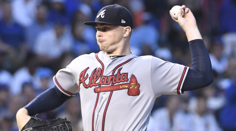 Sean Newcomb of the Braves pitches against the Chicago Cubs on August 31, 2017 at Wrigley Field. (Photo by David Banks/Getty Images)