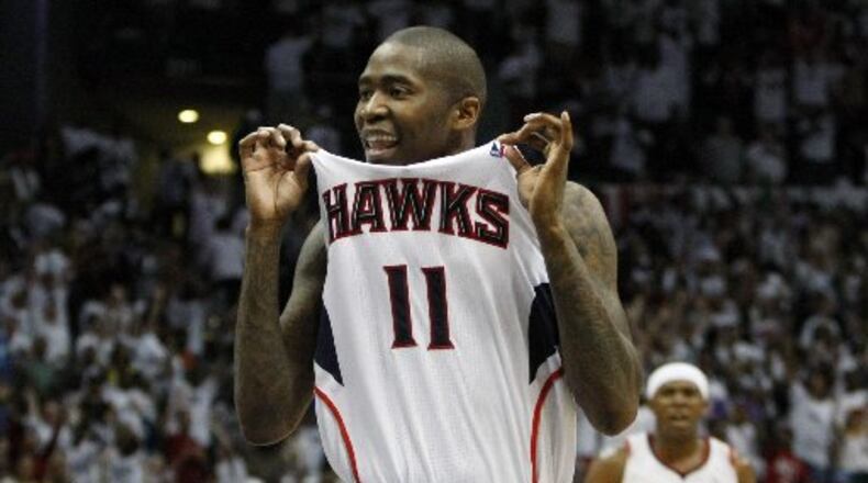 Jamal Crawford after one of the many big shots he made against the Magic in 2011 playoffs. This one was a 3-pointer with 5.7 seconds left in Game 3 to put the Hawks up 88-84. (Curtis Compton/ccompton@ajc.com)