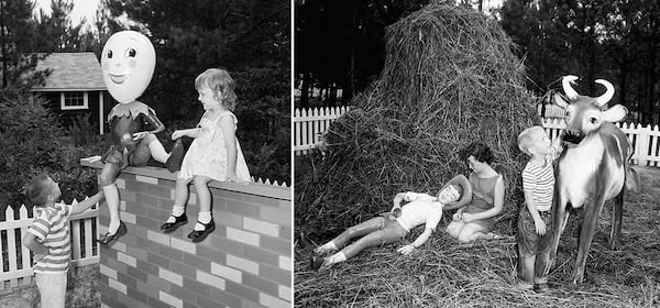 Children play at Storyland's Humpty Dumpty and Little Boy Blue exhibits in 1956. (Lane Brothers Photography Collection at the GSU Library, LBCB104-034a and LBCB104-034b)